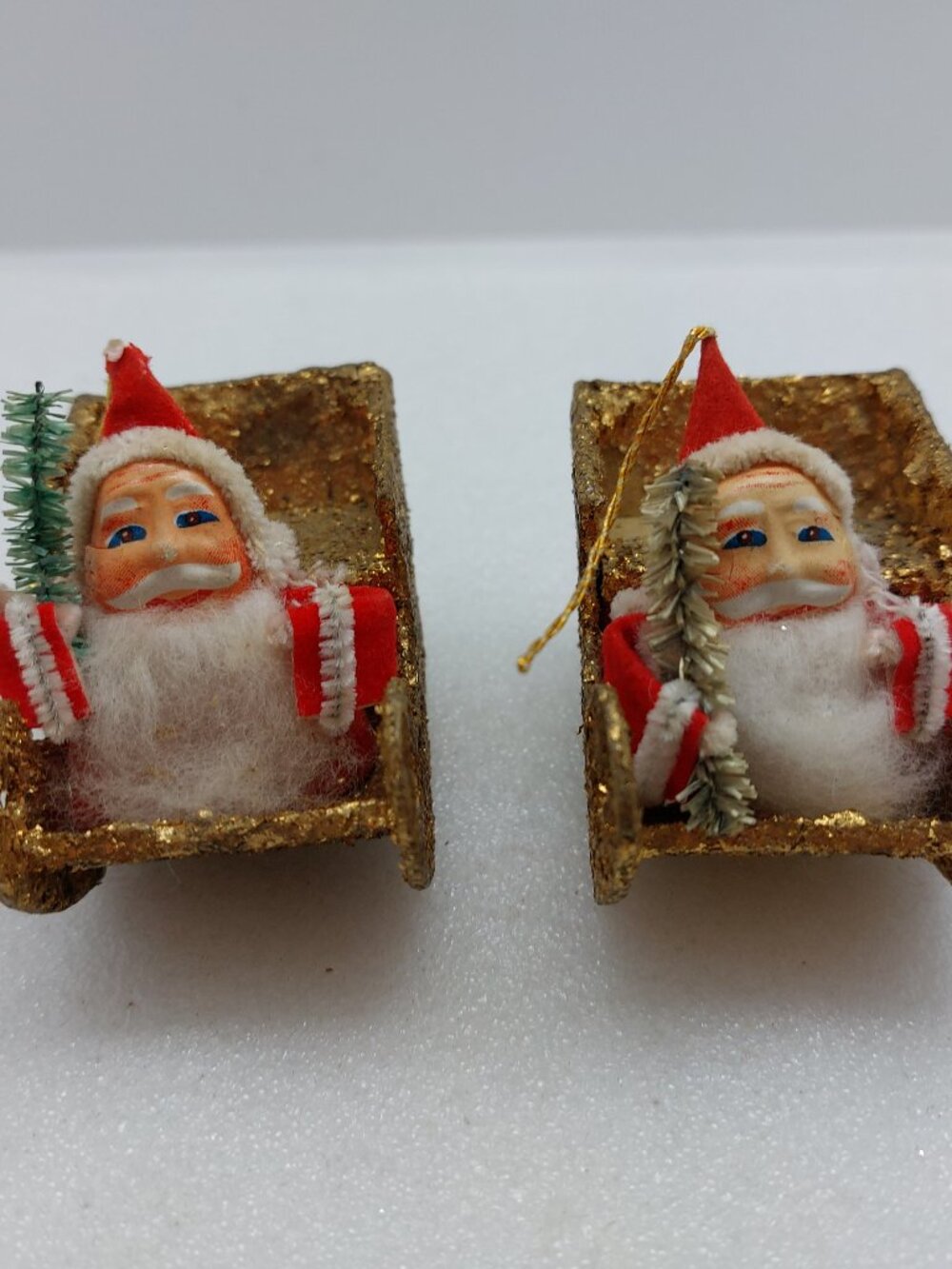 2 Vintage  Putz Santa Claus In Gold Mica Sleigh Bottle Brush Tree